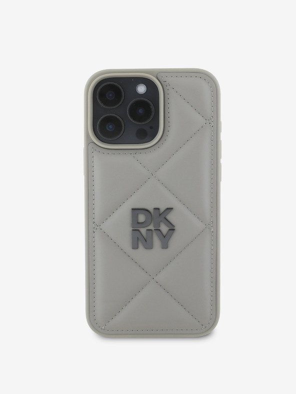 DKNY DKNY PU pelle trapuntata Stack Logo Cover posteriore per iPhone 16 Pro Max Grigio