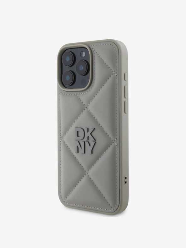 DKNY DKNY PU pelle trapuntata Stack Logo Cover posteriore per iPhone 16 Pro Max Grigio