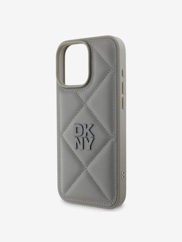DKNY DKNY PU pelle trapuntata Stack Logo Cover posteriore per iPhone 16 Pro Max Grigio