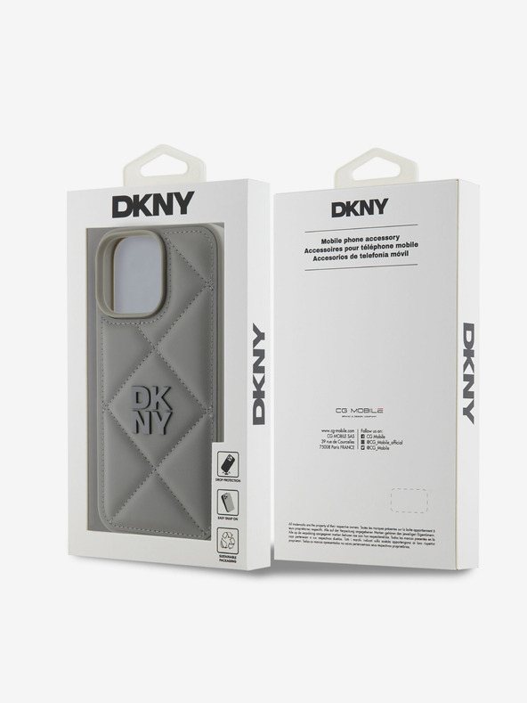 DKNY DKNY PU pelle trapuntata Stack Logo Cover posteriore per iPhone 16 Pro Max Grigio