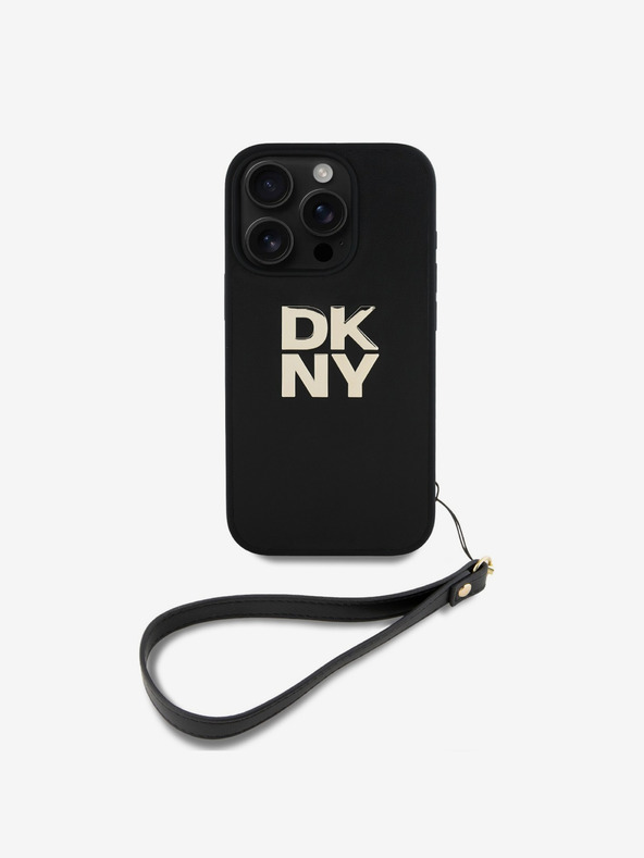 DKNY Cover posteriore con cinturino da polso DKNY PU Leather Stack Logo per iPhone 16 Pro Max Nero