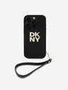 DKNY Cover posteriore con cinturino da polso DKNY PU Leather Stack Logo per iPhone 16 Pro Max Nero