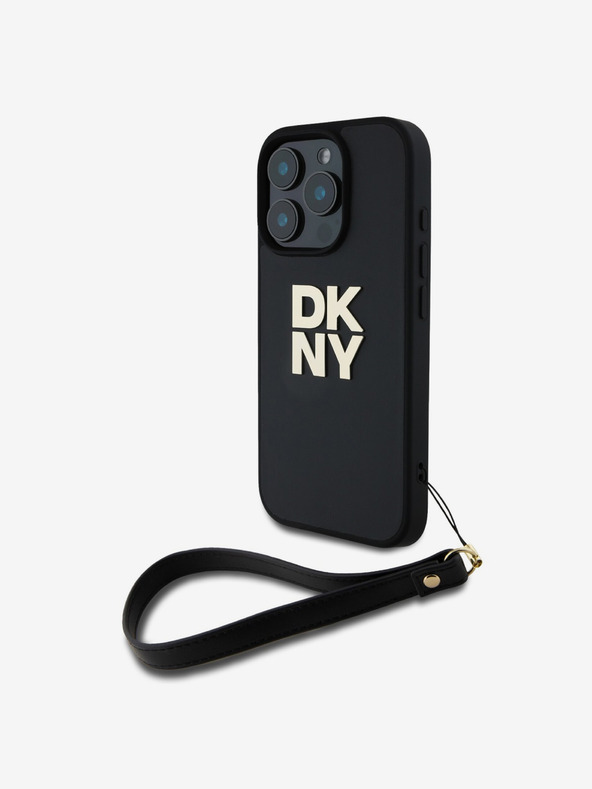 DKNY Cover posteriore con cinturino da polso DKNY PU Leather Stack Logo per iPhone 16 Pro Max Nero