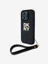 DKNY Cover posteriore con cinturino da polso DKNY PU Leather Stack Logo per iPhone 16 Pro Max Nero