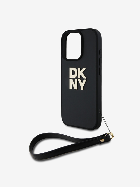 DKNY Cover posteriore con cinturino da polso DKNY PU Leather Stack Logo per iPhone 16 Pro Max Nero