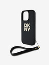 DKNY Cover posteriore con cinturino da polso DKNY PU Leather Stack Logo per iPhone 16 Pro Max Nero