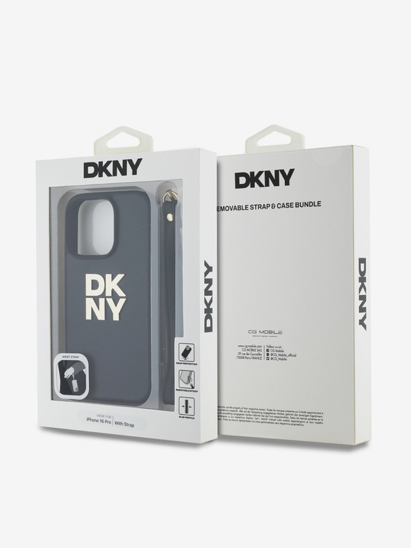 DKNY Cover posteriore con cinturino da polso DKNY PU Leather Stack Logo per iPhone 16 Pro Max Nero