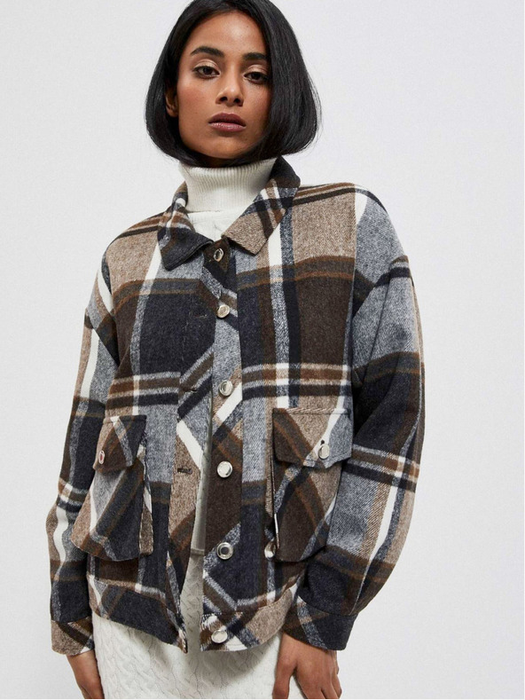 Moodo Moodo Giacca camicia a quadri donna grigio e marrone