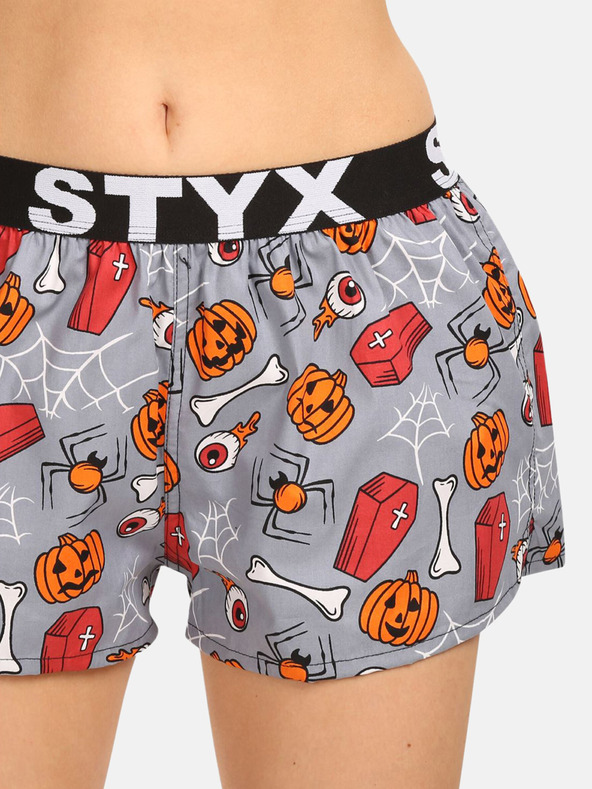 Styx Pantaloncini da donna arancione e grigio con fantasia Styx bare di Halloween