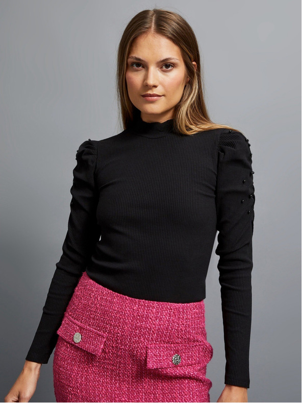 Moodo Camicetta nera da donna a coste con maniche a sbuffo e dolcevita Moodo