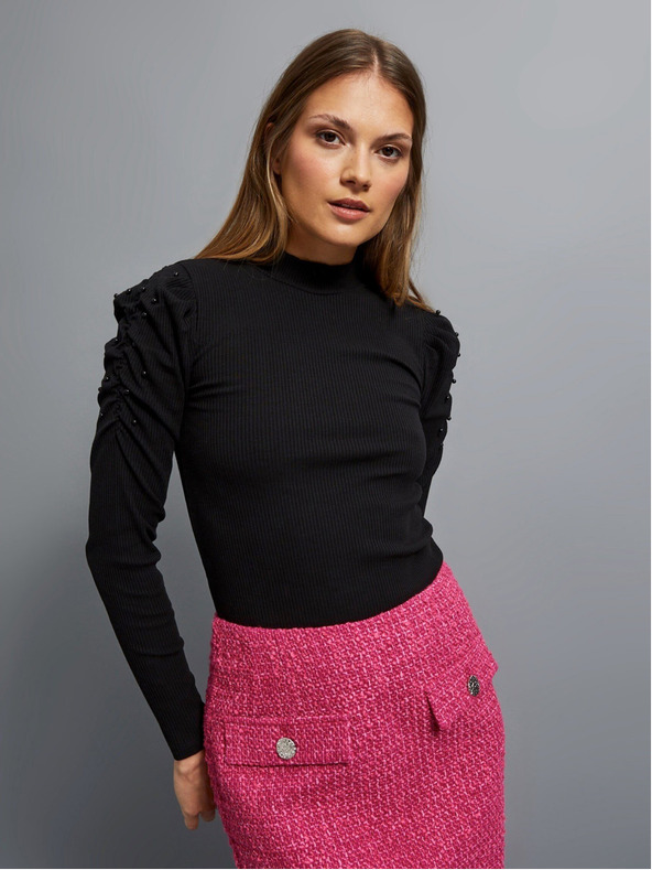 Moodo Camicetta nera da donna a coste con maniche a sbuffo e dolcevita Moodo