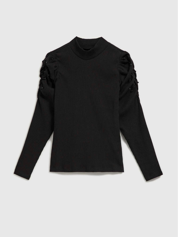 Moodo Camicetta nera da donna a coste con maniche a sbuffo e dolcevita Moodo