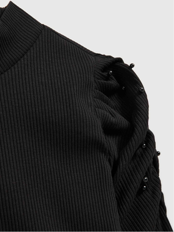 Moodo Camicetta nera da donna a coste con maniche a sbuffo e dolcevita Moodo