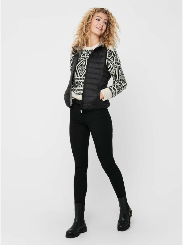 ONLY Gilet nero da donna con cappuccio trapuntato ONLY New Tahoe