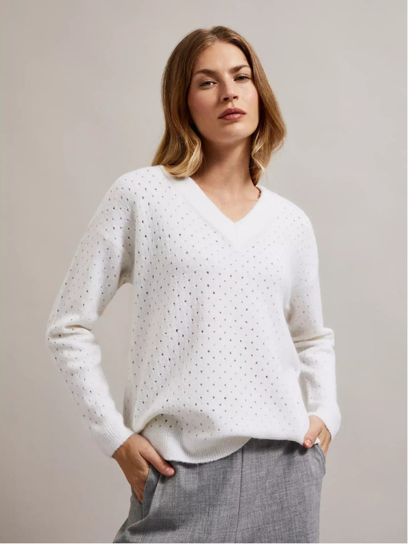 Moodo Maglione bianco traforato con scollo a V Moodo