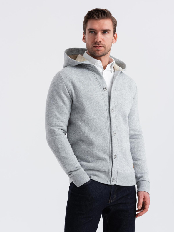Ombre Clothing Felpa da uomo con cappuccio e bottoni - grigio melange V2 OM-SSZP-0186 Ombre Clothing