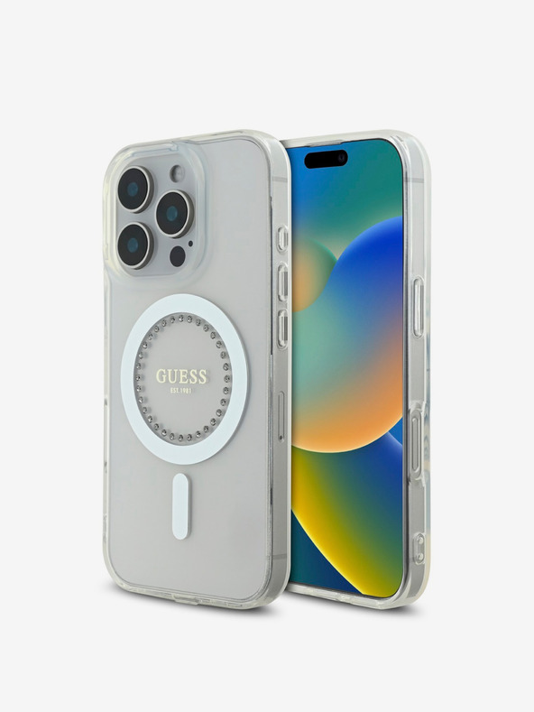 Guess Guess IML Anello di strass MagSafe Cover per iPhone 16 Pro Max Bianco