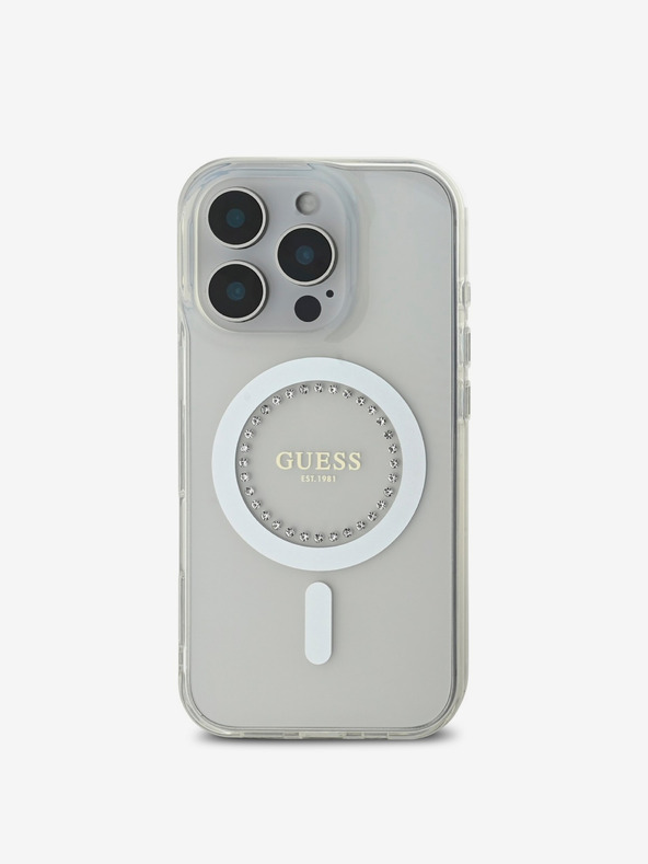 Guess Guess IML Anello di strass MagSafe Cover per iPhone 16 Pro Max Bianco