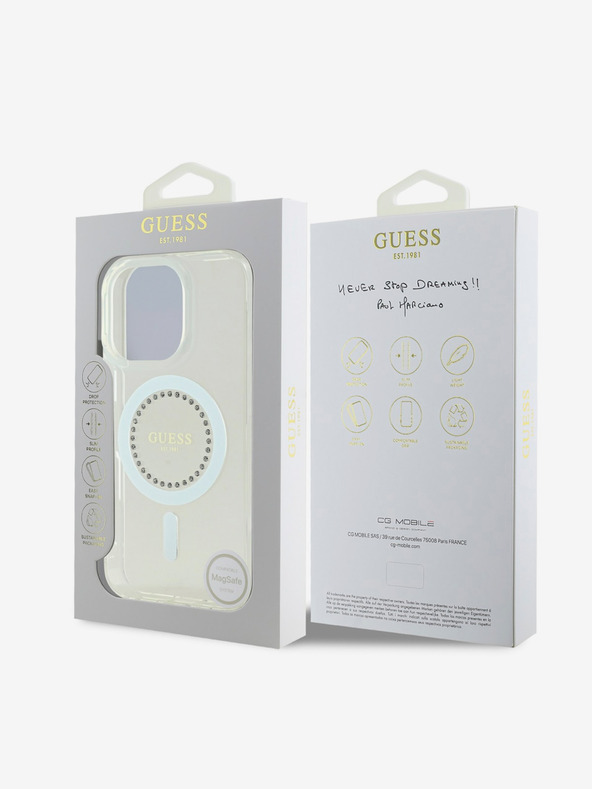 Guess Guess IML Anello di strass MagSafe Cover per iPhone 16 Pro Max Bianco