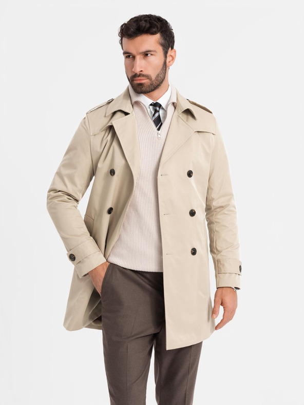 Ombre Clothing Cappotto elegante da uomo SLIM FIT con cintura beige Ombre Clothing