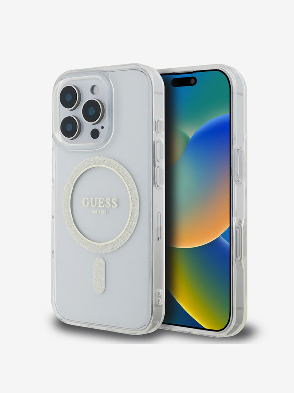 Guess Guess IML Glitter Ring MagSafe Back Cover per iPhone 16 Pro Trasparente