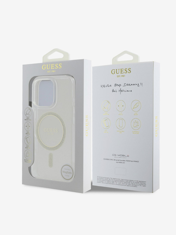 Guess Guess IML Glitter Ring MagSafe Back Cover per iPhone 16 Pro Trasparente