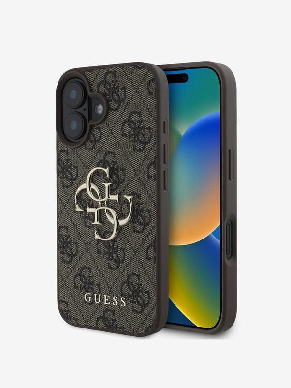 Guess Cover posteriore con logo in metallo Guess PU 4G per iPhone 16 Plus Marrone