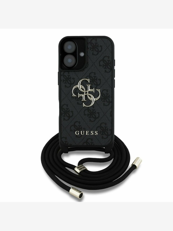 Guess Guess PU 4G Metal Logo Crossbody Strap Back Cover per iPhone 16 Nero