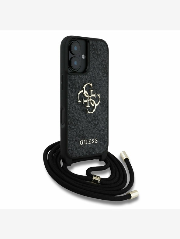 Guess Guess PU 4G Metal Logo Crossbody Strap Back Cover per iPhone 16 Nero