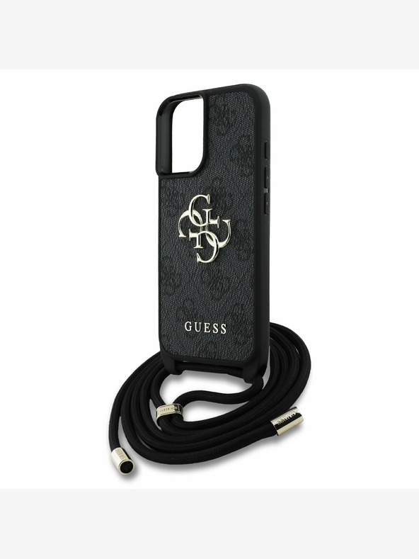 Guess Guess PU 4G Metal Logo Crossbody Strap Back Cover per iPhone 16 Nero