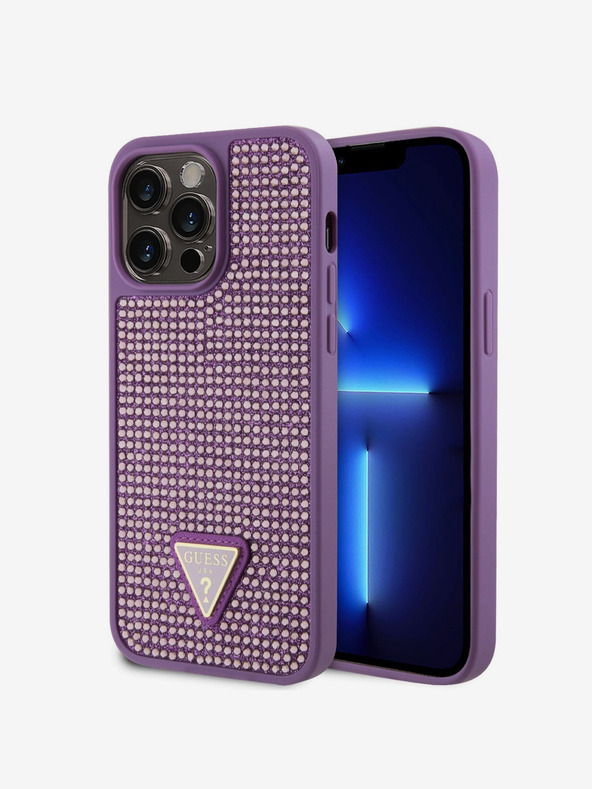 Guess Guess Strass Triangolo Logo Metallo Cover per iPhone 15 Pro Max Viola