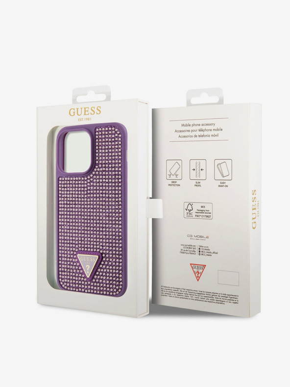 Guess Guess Strass Triangolo Logo Metallo Cover per iPhone 15 Pro Max Viola