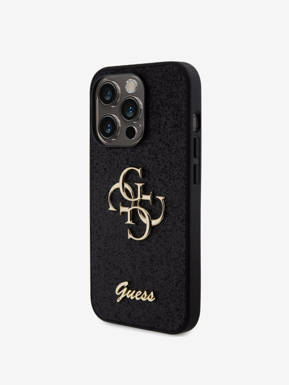 Guess Guess PU Fixed Glitter 4G Metal Logo Cover posteriore per iPhone 15 Pro Nero
