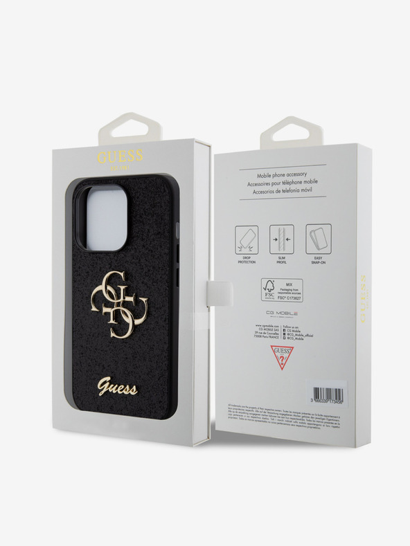 Guess Guess PU Fixed Glitter 4G Metal Logo Cover posteriore per iPhone 15 Pro Nero