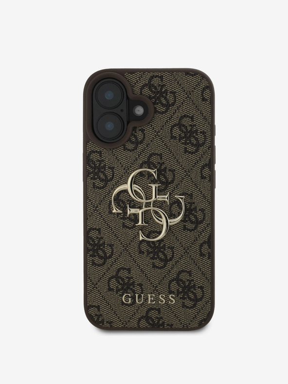 Guess Guess PU 4G Logo in metallo Custodia posteriore per iPhone 16 Marrone