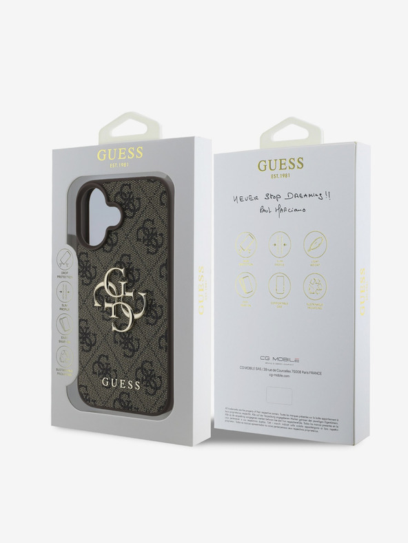 Guess Guess PU 4G Logo in metallo Custodia posteriore per iPhone 16 Marrone