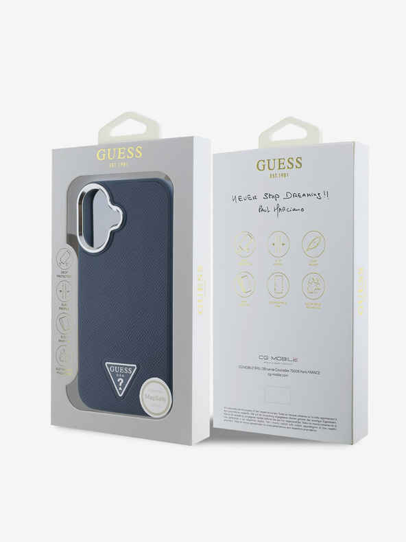 Guess Cover posteriore con logo a triangolo in grana Guess PU per iPhone 16 Blue