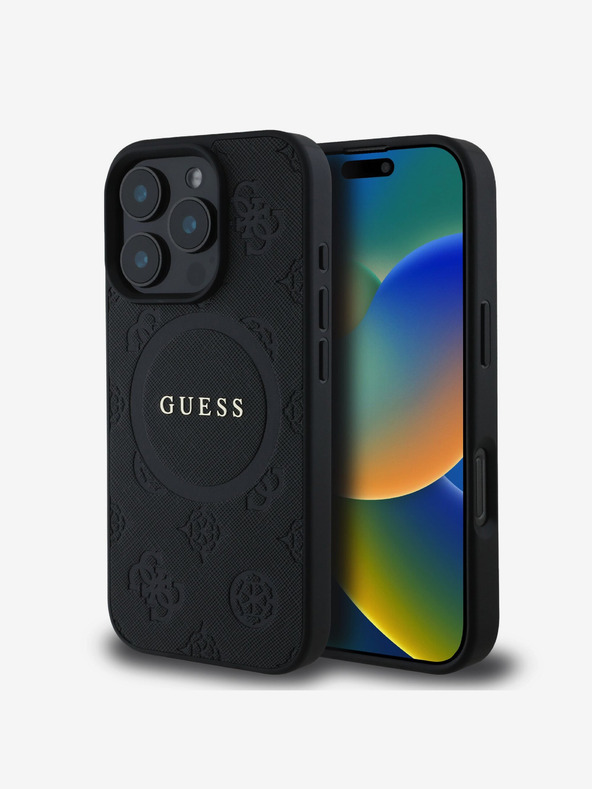 Guess Guess Saffiano Peony Stamp MagSafe Back Cover per iPhone 16 Pro Nero