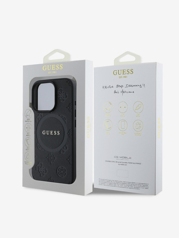 Guess Guess Saffiano Peony Stamp MagSafe Back Cover per iPhone 16 Pro Nero