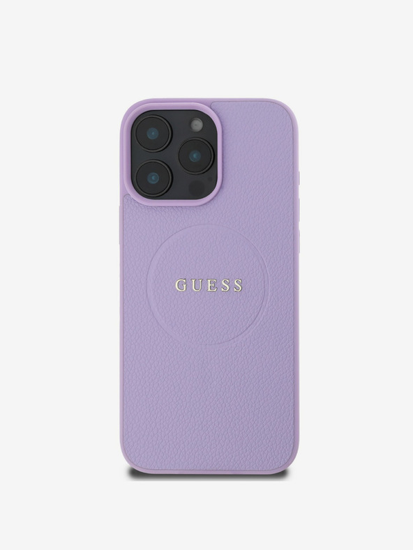 Guess Cover posteriore MagSafe con logo classico a grana grossa Guess PU per iPhone 16 Pro Max Viola
