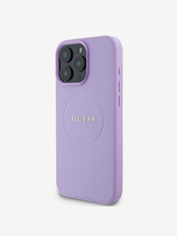 Guess Cover posteriore MagSafe con logo classico a grana grossa Guess PU per iPhone 16 Pro Max Viola