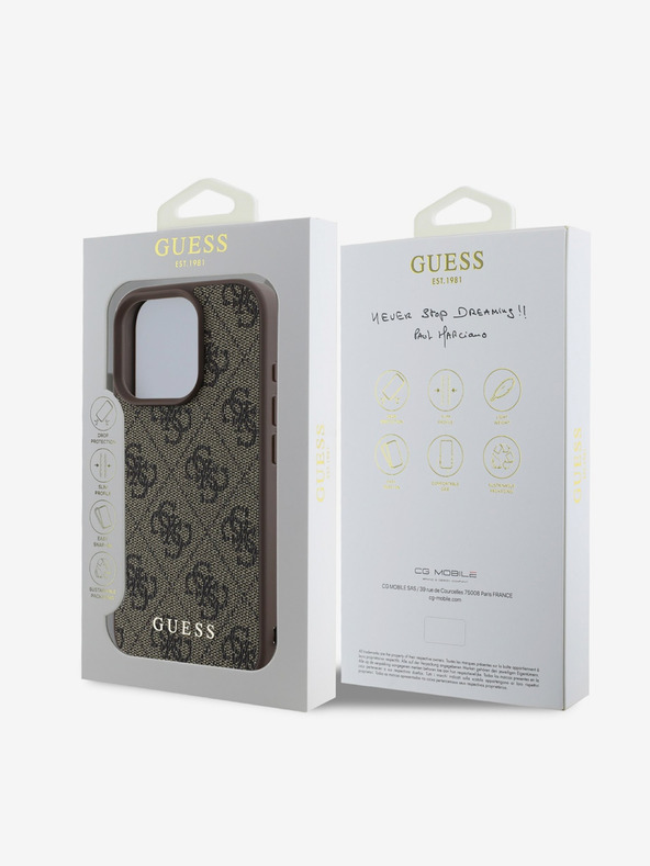 Guess Cover posteriore con charm Guess 4G per iPhone 16 Pro Tone on Tone Brown