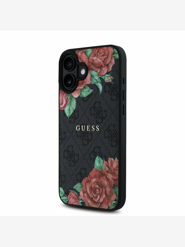 Guess Guess PU Leather 4G Roses MagSafe Back Cover per iPhone 16 Nero