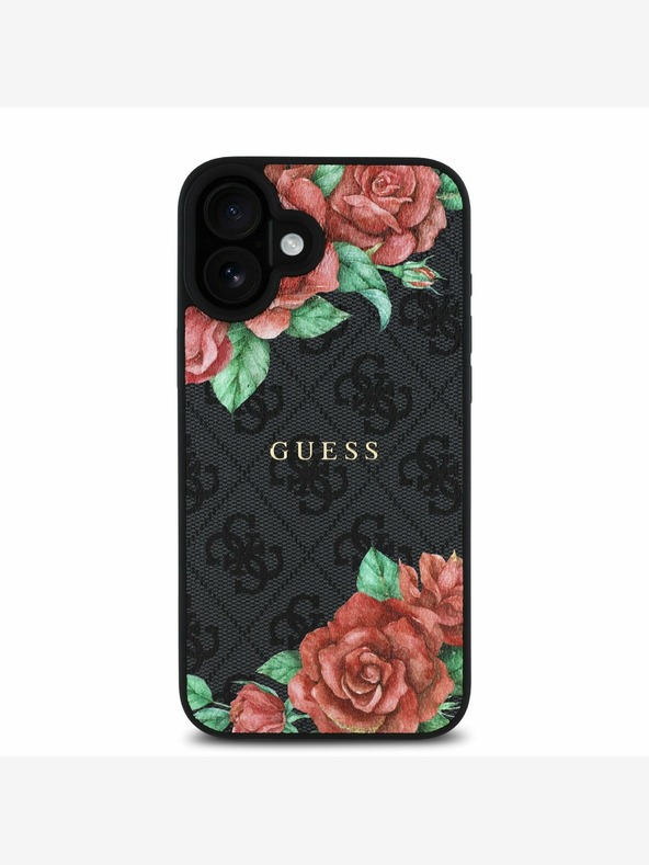 Guess Guess PU Leather 4G Roses MagSafe Back Cover per iPhone 16 Nero