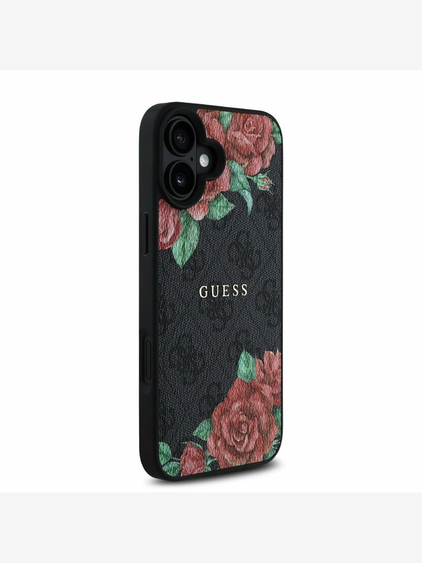 Guess Guess PU Leather 4G Roses MagSafe Back Cover per iPhone 16 Nero