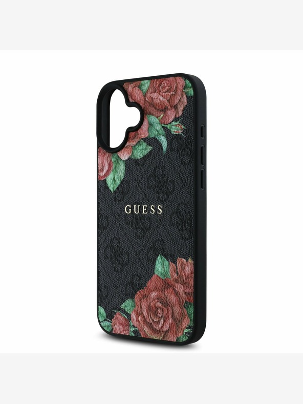 Guess Guess PU Leather 4G Roses MagSafe Back Cover per iPhone 16 Nero
