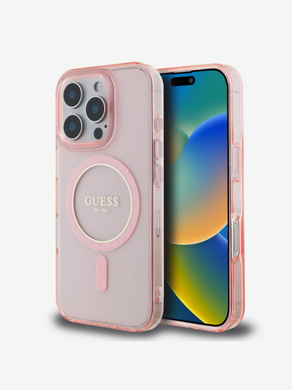 Guess Guess IML Glitter Ring MagSafe Back Cover per iPhone 16 Pro Rosa