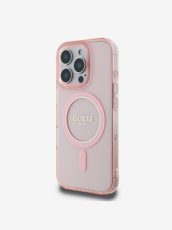 Guess Guess IML Glitter Ring MagSafe Back Cover per iPhone 16 Pro Rosa