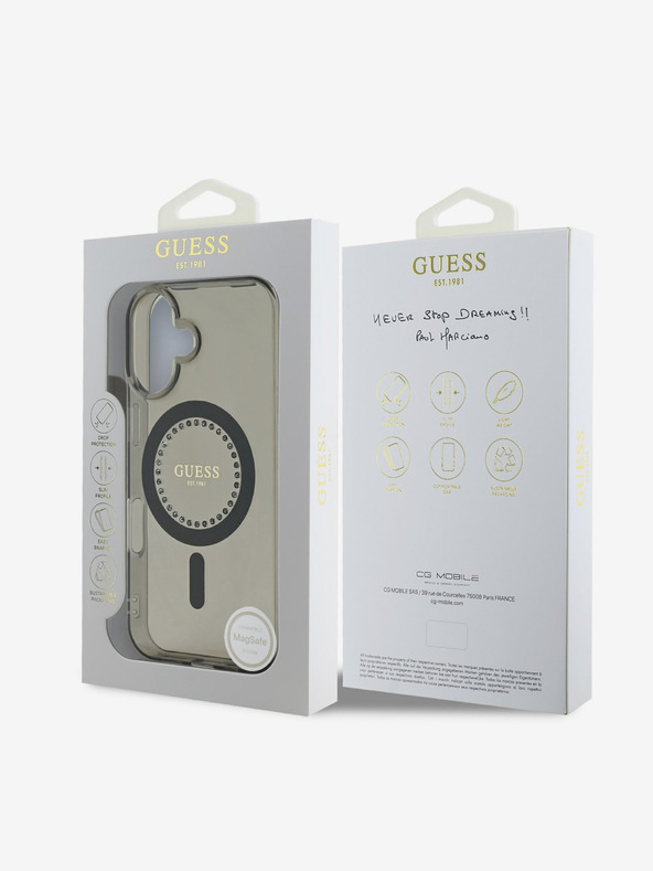 Guess Custodia posteriore MagSafe con anello di strass Guess IML per iPhone 16 nero