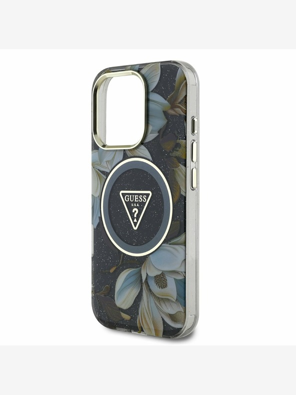 Guess Guess IML Glitter Magnolia e logo triangolo MagSafe Back Cover per iPhone 16 Pro Nero